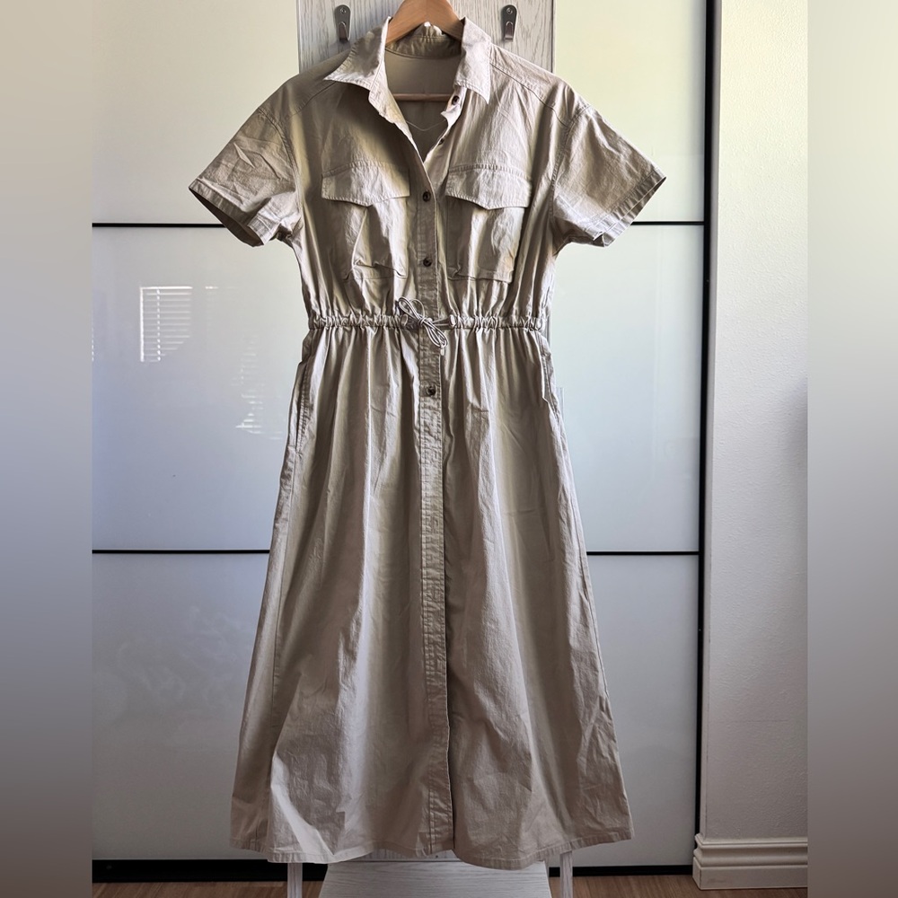 GU Beige Work Shirt Dress Collard Button Down Midi Dress